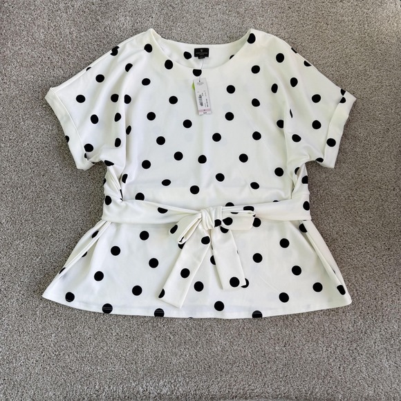 Worthington Tops - Worthington Blouse Womens 2X White Polka Dot Tie Waist Short Sleeve Peplum